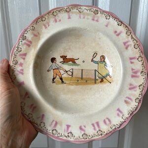 Antique 1920s McNicol Pottery Child’s Plate – Alphabet Rim & Tennis Scene 🎾🐶